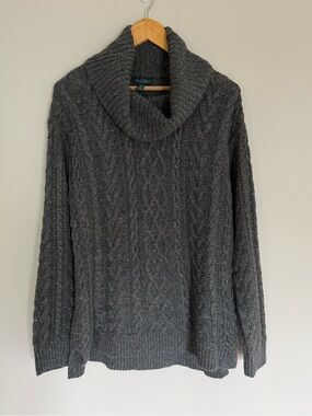LRL Lauren Jeans Co Ralph Lauren Cable Knit Cowl Neck Cozy Sweater Gray Sz L